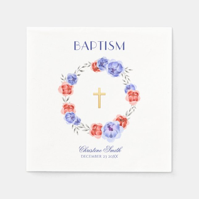 Watercolor Blue & Red Floral Wreath Napkins (Front)