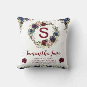 Watercolor Blue & Red Winter Flowers Wreath Baby Throw Pillow