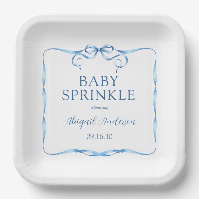 Watercolor Blue Ribbon Baby Sprinkle Paper Plate (Front)