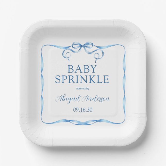 Watercolor Blue Ribbon Baby Sprinkle Paper Plate (Front)