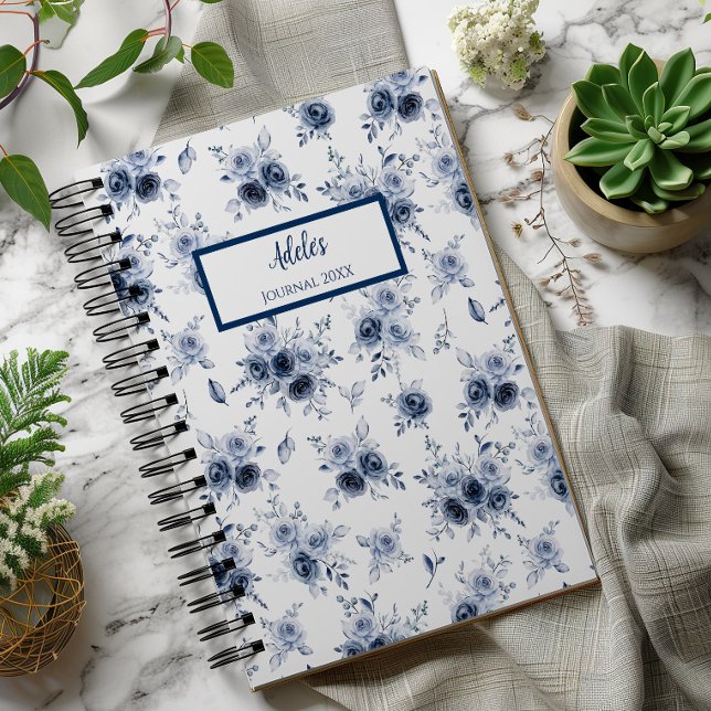 Watercolor Blue Rose Personalized Journal Notebook (Adele Blue Roses Spiral Notebook)