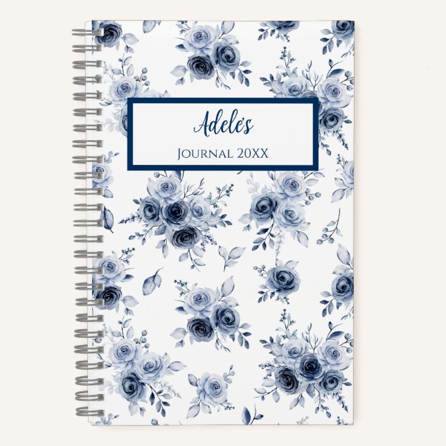 Watercolor Blue Rose Personalized Journal Notebook (Front)