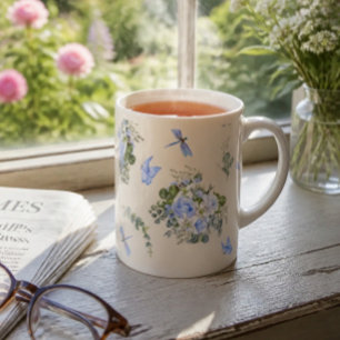 Watercolor Blue Roses and White Lilies Bone China Mug