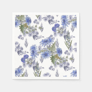 Watercolor blue roses flowers feathers white napkin