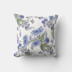 Watercolor blue roses flowers feathers white throw pillow