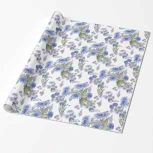 Watercolor blue roses flowers feathers white wrapping paper