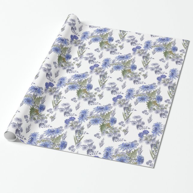 Watercolor blue roses flowers feathers white wrapping paper (Unrolled)