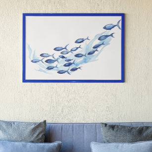 Watercolor Blue School of Fish Poster