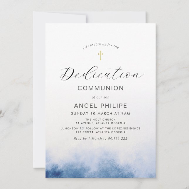 watercolor blue script dedication invitation (Front)