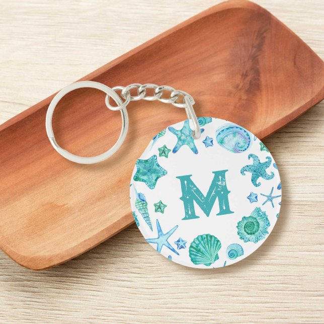 Watercolor Blue Sea Shells and Starfish Monogram Keychain (Watercolor Blue Sea Shells and Starfish Monogram Keychain)