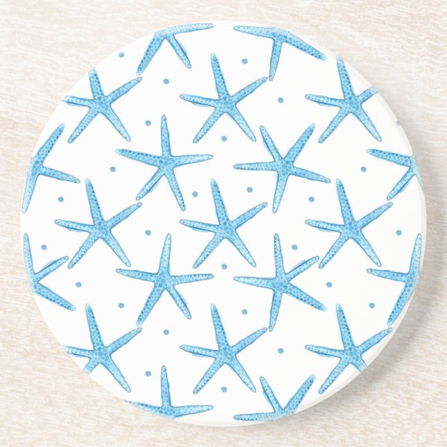 Watercolor Blue Sea Stars Pattern Coaster (Front)