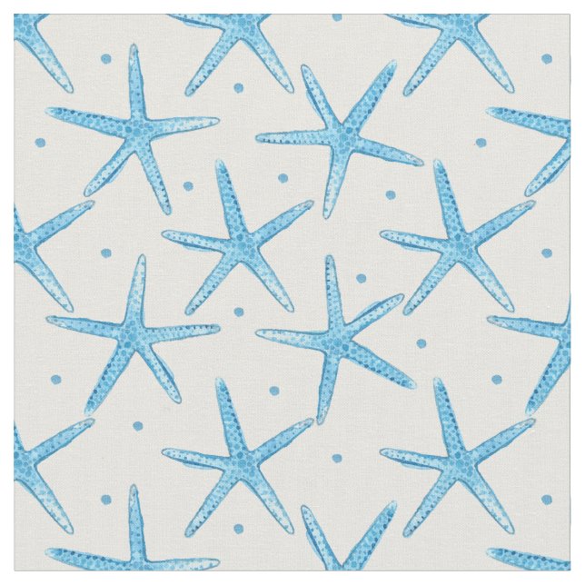 Watercolor Blue Sea Stars Pattern Fabric (Close Up)