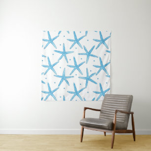 Watercolor Blue Sea Stars Pattern Tapestry