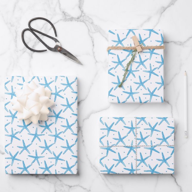 Watercolor Blue Sea Stars Pattern Wrapping Paper Sheet (Front)