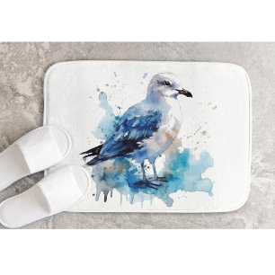 watercolor blue seagull standing on the beach bath mat