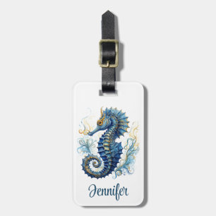 Watercolor blue seahorse design luggage tag