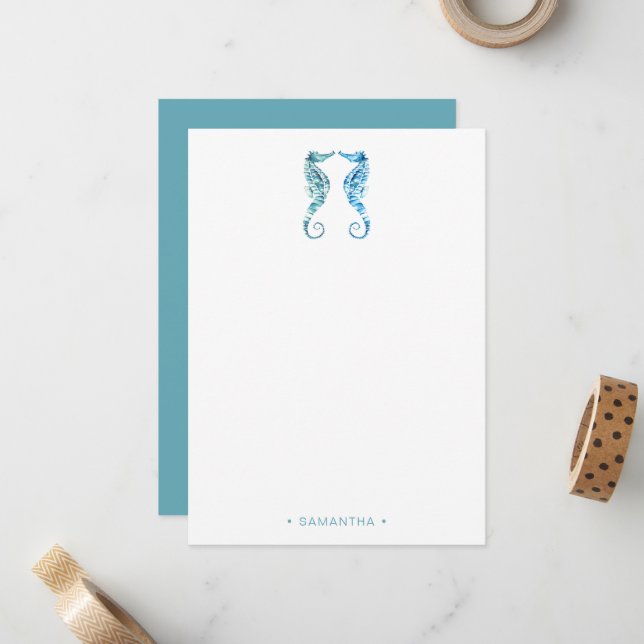 Watercolor Blue Seahorse Personalized Card (Front/Back In Situ)