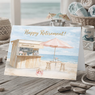 Watercolor Blue Seaside Cafe Happy Retirement Card