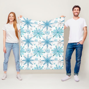 Watercolor Blue & Silver Glitter Winter Snowflakes Fleece Blanket