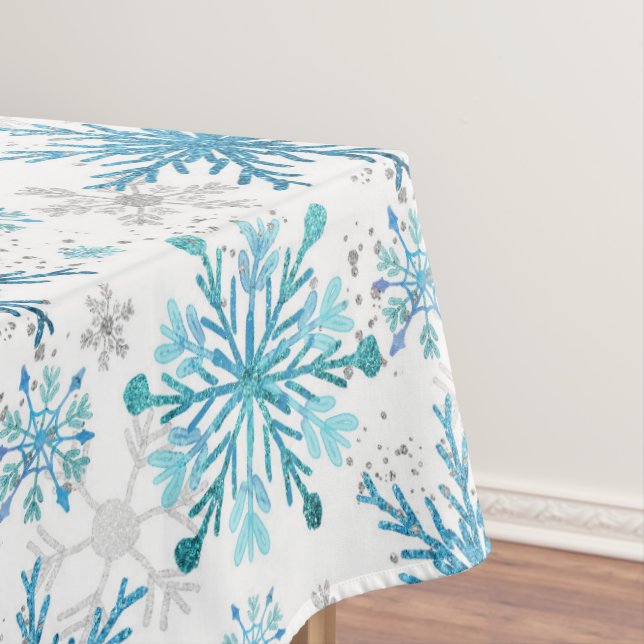 Watercolor Blue & Silver Glitter Winter Snowflakes Tablecloth (In Situ)