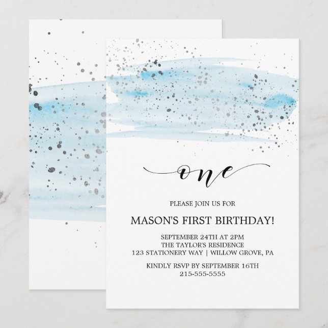 Watercolor Blue & Silver Sparkle First Birthday Invitation (Front/Back)