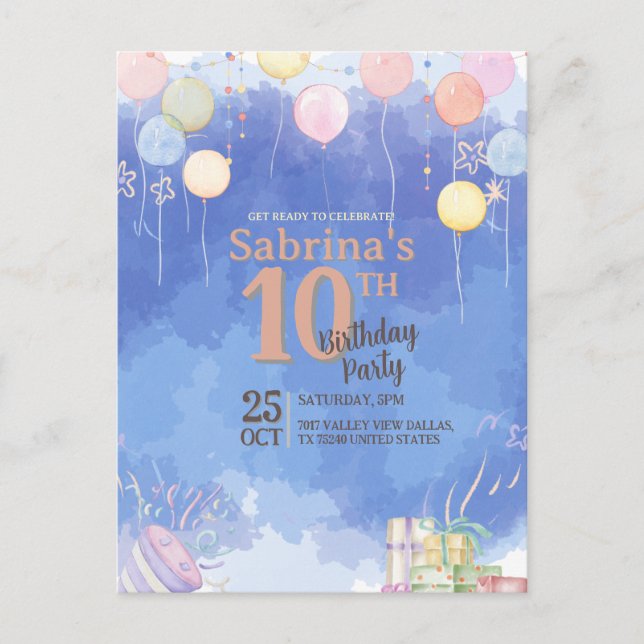 Watercolor Blue Sky Balloon Invitation Postcard (Devant)