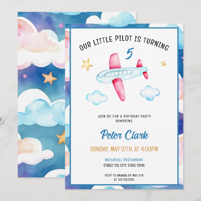 Watercolor Blue Sky Cute Airplane 5th Birthday Invitation (Front/Back)