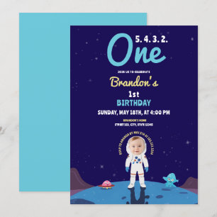 Watercolor Blue Space Creatures Photo 1st Birthday Invitation