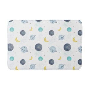 Watercolor Blue Space Planet Pattern Bath Mat