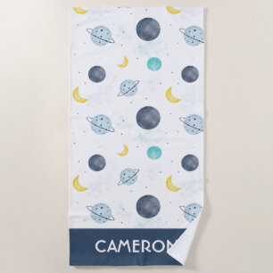 Watercolor Blue Space Planet Pattern Beach Towel
