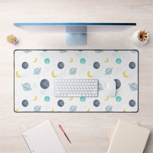 Watercolor Blue Space Planet Pattern Desk Mat