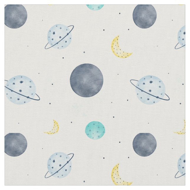 Watercolor Blue Space Planet Pattern Fabric (Close Up)