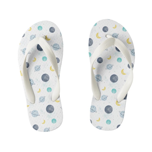 Watercolor Blue Space Planet Pattern Kid's Flip Flops (Footbed)