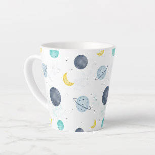 Watercolor Blue Space Planet Pattern Latte Mug