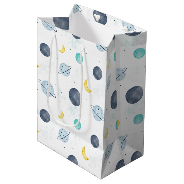 Watercolor Blue Space Planet Pattern Medium Gift Bag (Front Angled)
