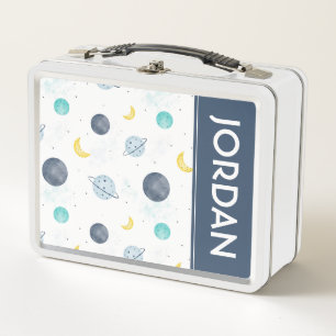 Watercolor Blue Space Planet Pattern Metal Lunch Box