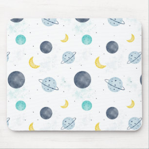 Watercolor Blue Space Planet Pattern Mouse Pad