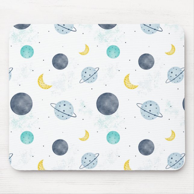 Watercolor Blue Space Planet Pattern Mouse Pad (Front)