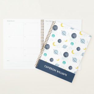 Watercolor Blue Space Planet Pattern Planner