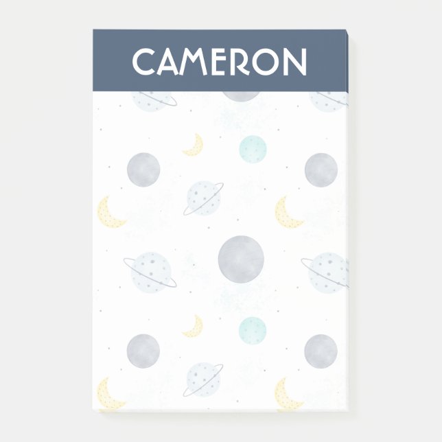 Watercolor Blue Space Planet Pattern Post-it Notes (Front)