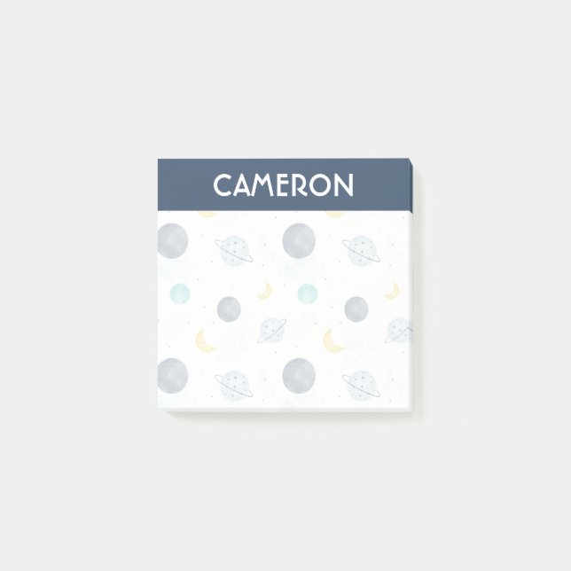 Watercolor Blue Space Planet Pattern Post-it Notes (Front)