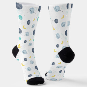 Watercolor Blue Space Planet Pattern Socks