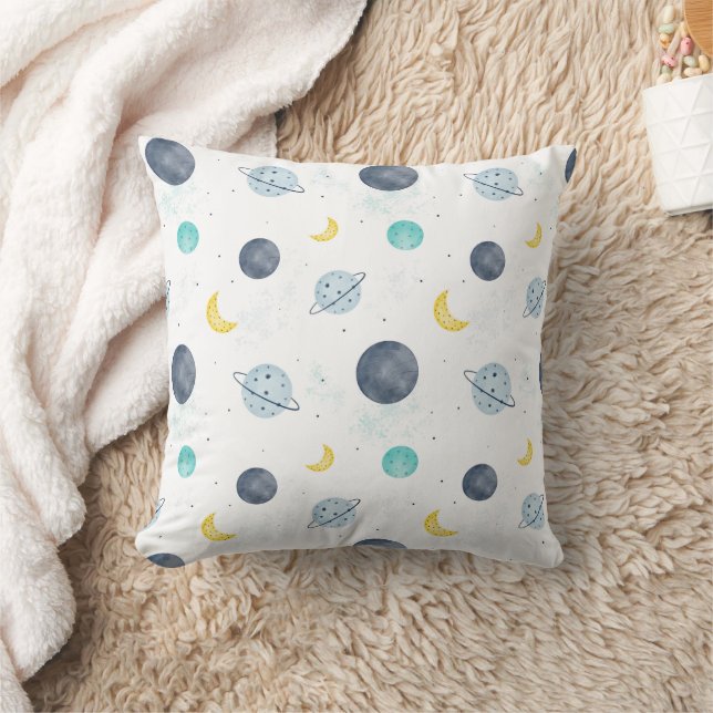 Watercolor Blue Space Planet Pattern Throw Pillow (Blanket)