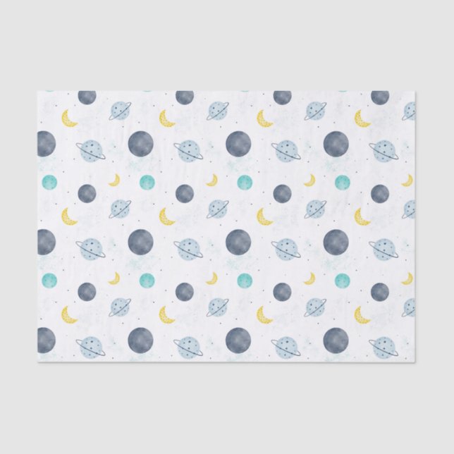 Watercolor Blue Space Planet Pattern Tissue Paper (Front)