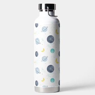 Watercolor Blue Space Planet Pattern Water Bottle