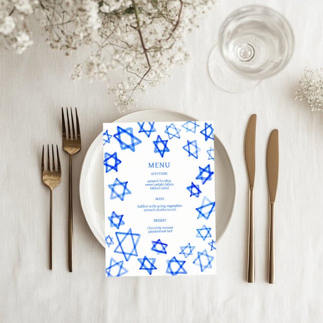 Watercolor Blue Star of David Bar Bat Mitzvah  Menu (Watercolor Blue Star of David Bar Bat Mitzvah Jewish Wedding Custom Menu
)