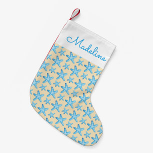 Watercolor Blue Starfish Pattern   Add Your Name Small Christmas Stocking
