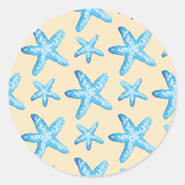 Watercolor Blue Starfish Pattern Classic Round Sticker (Front)