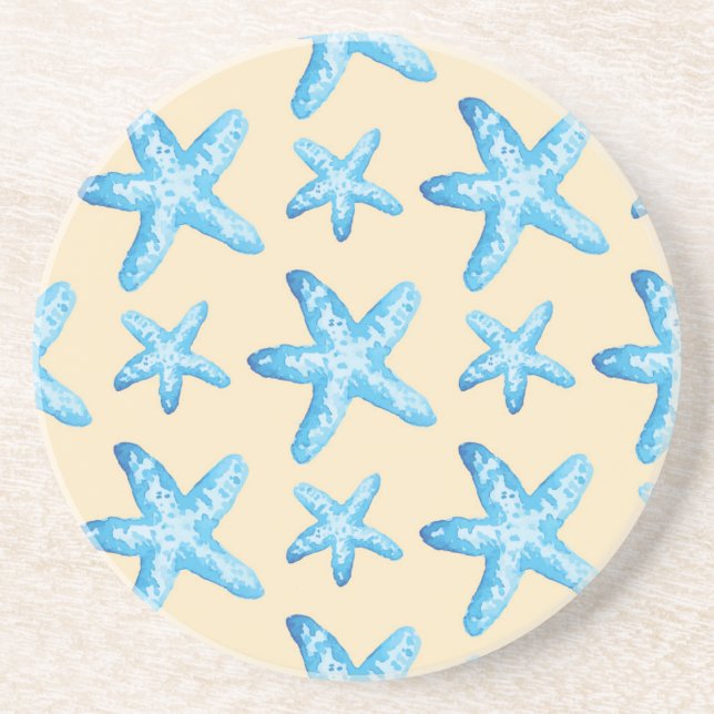 Watercolor Blue Starfish Pattern Coaster (Front)