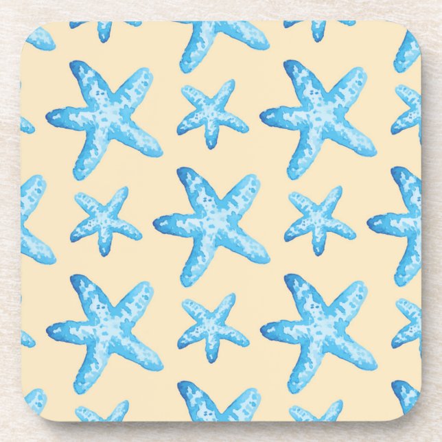 Watercolor Blue Starfish Pattern Coaster (Front)